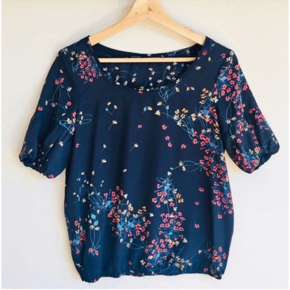Zara Navy Floral Puff Sleeve Elastic Waist Blouse Top Size Medium - Picture 3 of 10